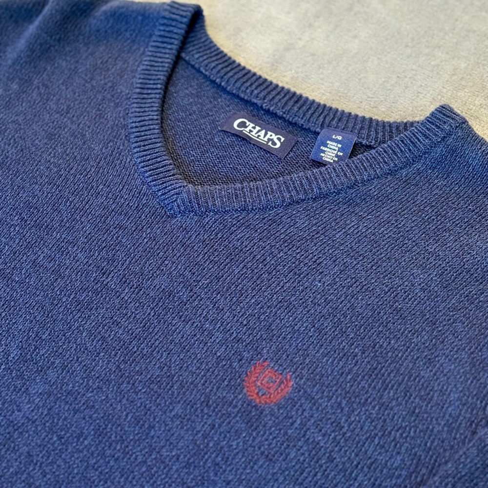 EEUC CHAPS Mens Pullover V Neck Sweater Cotton Navy Blue size Large